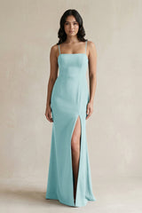 Spaghetti Straps Sheath Stain Bridesmaid Dress With Slit in Bleached Aqua - KISS BRIDAL Bridesmaid Dresses
