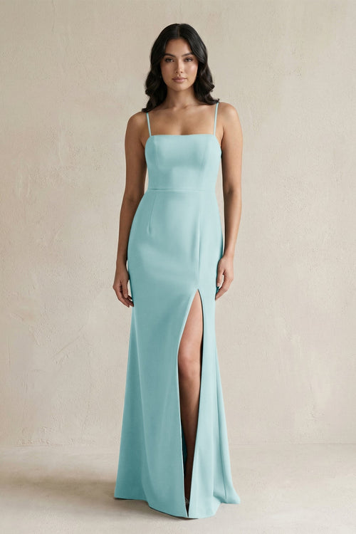 Spaghetti Straps Sheath Stain Bridesmaid Dress With Slit in Bleached Aqua - KISS BRIDAL Bridesmaid Dresses