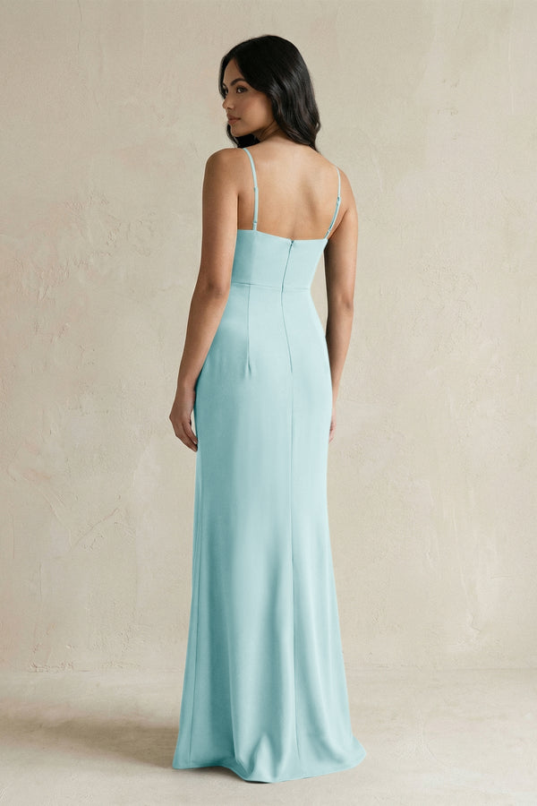 Spaghetti Straps Sheath Stain Bridesmaid Dress With Slit in Bleached Aqua - KISS BRIDAL Bridesmaid Dresses