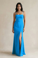 Spaghetti Straps Sheath Stain Bridesmaid Dress With Slit in Blue Jay - KISS BRIDAL Bridesmaid Dresses