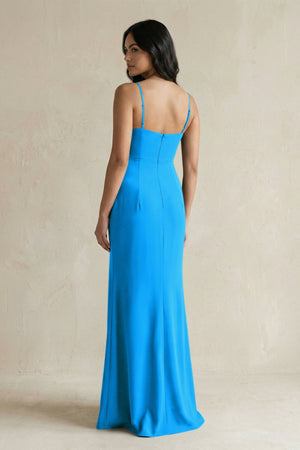 Spaghetti Straps Sheath Stain Bridesmaid Dress With Slit in Blue Jay - KISS BRIDAL Bridesmaid Dresses