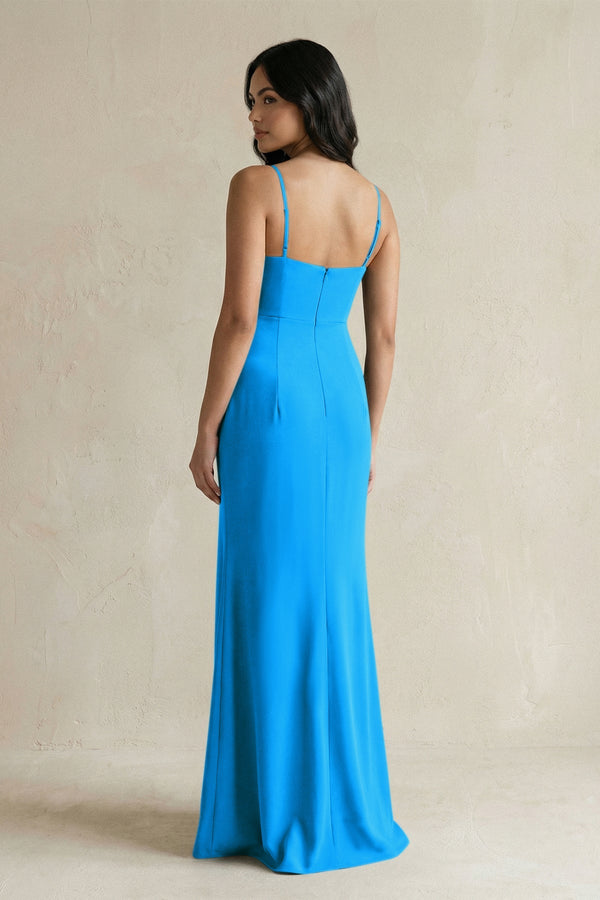 Spaghetti Straps Sheath Stain Bridesmaid Dress With Slit in Blue Jay - KISS BRIDAL Bridesmaid Dresses
