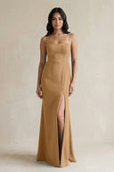 Spaghetti Straps Sheath Stain Bridesmaid Dress With Slit in Bronzer - KISS BRIDAL Bridesmaid Dresses