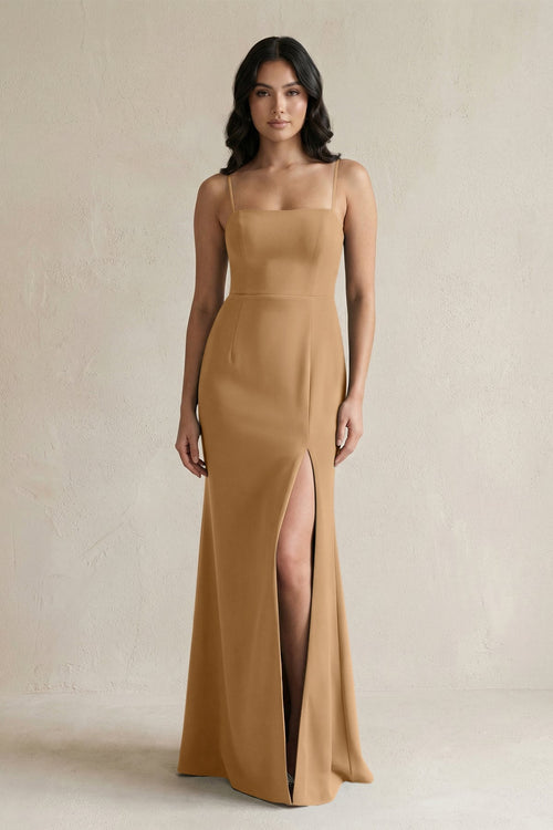 Spaghetti Straps Sheath Stain Bridesmaid Dress With Slit in Bronzer - KISS BRIDAL Bridesmaid Dresses
