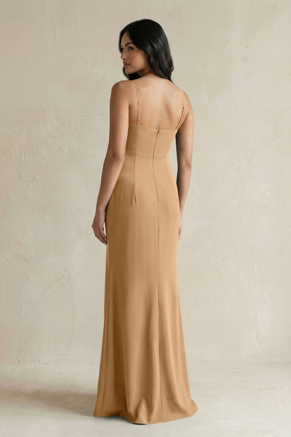 Spaghetti Straps Sheath Stain Bridesmaid Dress With Slit in Bronzer - KISS BRIDAL Bridesmaid Dresses
