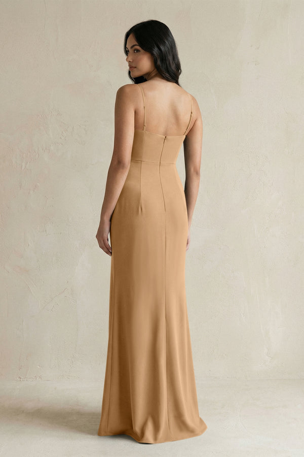 Spaghetti Straps Sheath Stain Bridesmaid Dress With Slit in Bronzer - KISS BRIDAL Bridesmaid Dresses