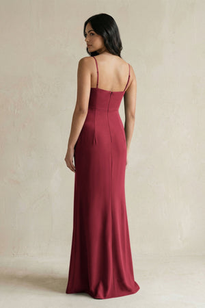 Spaghetti Straps Sheath Stain Bridesmaid Dress With Slit in Burgundy - KISS BRIDAL Bridesmaid Dresses