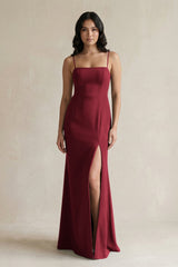 Spaghetti Straps Sheath Stain Bridesmaid Dress With Slit in Burgundy - KISS BRIDAL Bridesmaid Dresses