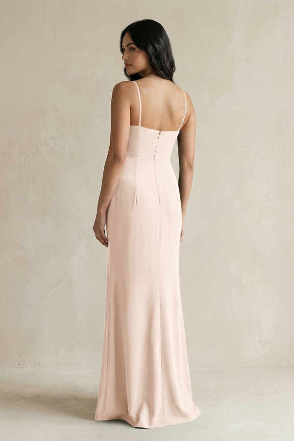 Spaghetti Straps Sheath Stain Bridesmaid Dress With Slit in Buttercream - KISS BRIDAL Bridesmaid Dresses
