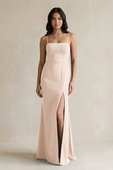 Spaghetti Straps Sheath Stain Bridesmaid Dress With Slit in Buttercream - KISS BRIDAL Bridesmaid Dresses