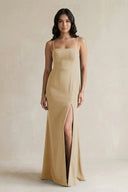 Spaghetti Straps Sheath Stain Bridesmaid Dress With Slit in Champagne - KISS BRIDAL Bridesmaid Dresses