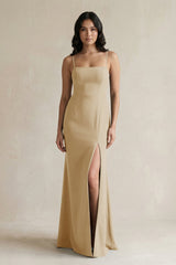 Spaghetti Straps Sheath Stain Bridesmaid Dress With Slit in Champagne - KISS BRIDAL Bridesmaid Dresses