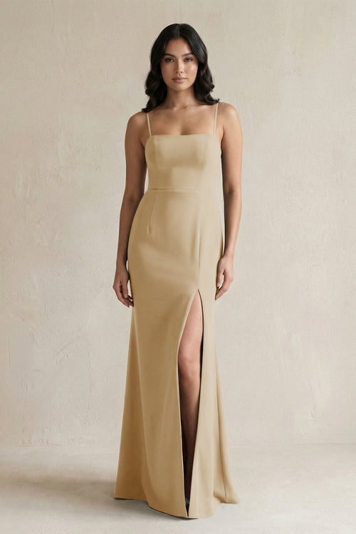 Spaghetti Straps Sheath Stain Bridesmaid Dress With Slit in Champagne - KISS BRIDAL Bridesmaid Dresses