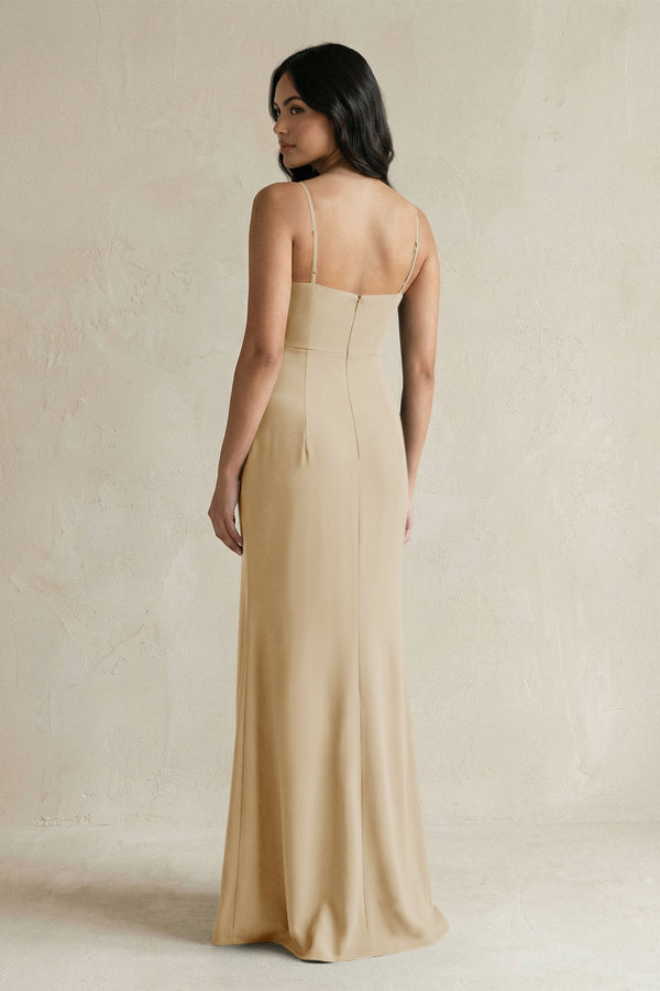 Spaghetti Straps Sheath Stain Bridesmaid Dress With Slit in Champagne - KISS BRIDAL Bridesmaid Dresses