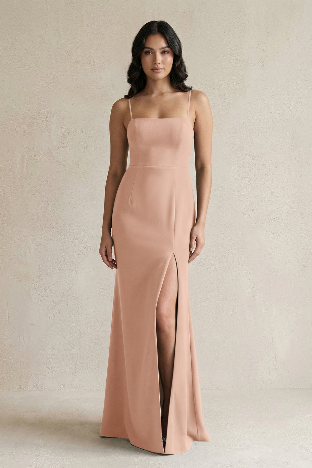 Spaghetti Straps Sheath Stain Bridesmaid Dress With Slit in Champagne Rose - KISS BRIDAL Bridesmaid Dresses