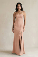 Spaghetti Straps Sheath Stain Bridesmaid Dress With Slit in Champagne Rose - KISS BRIDAL Bridesmaid Dresses
