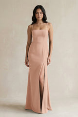 Spaghetti Straps Sheath Stain Bridesmaid Dress With Slit in Champagne Rose - KISS BRIDAL Bridesmaid Dresses