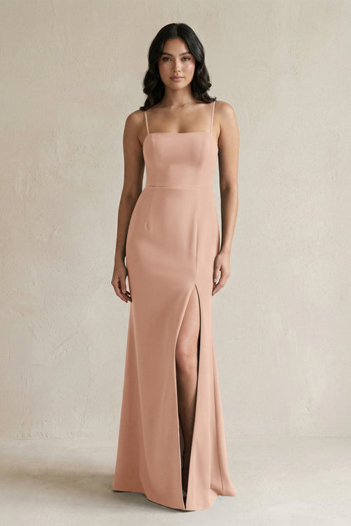 Spaghetti Straps Sheath Stain Bridesmaid Dress With Slit in Champagne Rose - KISS BRIDAL Bridesmaid Dresses