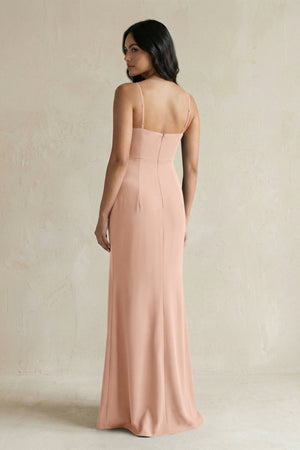 Spaghetti Straps Sheath Stain Bridesmaid Dress With Slit in Champagne Rose - KISS BRIDAL Bridesmaid Dresses