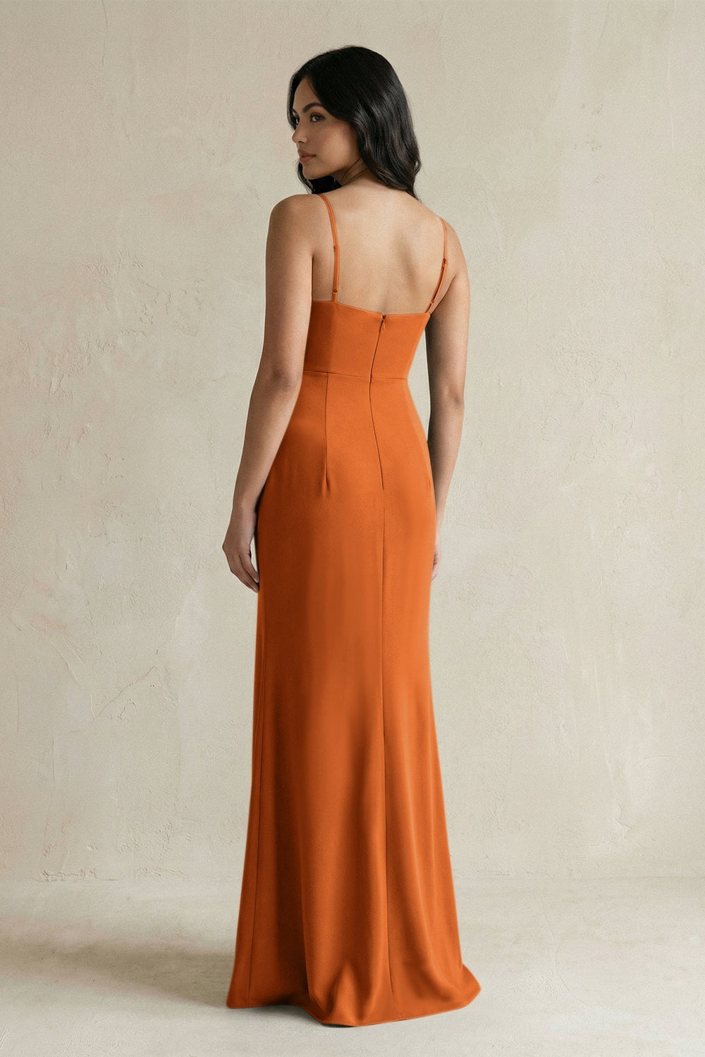 Spaghetti Straps Sheath Stain Bridesmaid Dress With Slit in Cinnamon - KISS BRIDAL Bridesmaid Dresses