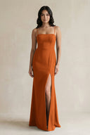 Spaghetti Straps Sheath Stain Bridesmaid Dress With Slit in Cinnamon - KISS BRIDAL Bridesmaid Dresses