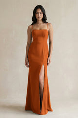 Spaghetti Straps Sheath Stain Bridesmaid Dress With Slit in Cinnamon - KISS BRIDAL Bridesmaid Dresses