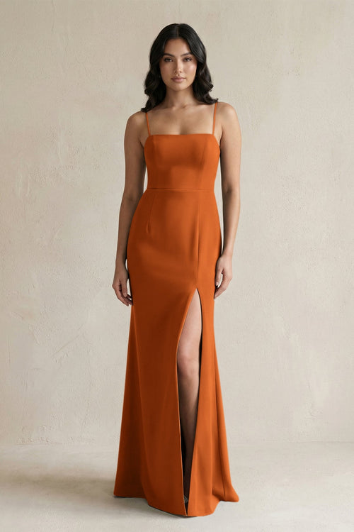 Spaghetti Straps Sheath Stain Bridesmaid Dress With Slit in Cinnamon - KISS BRIDAL Bridesmaid Dresses