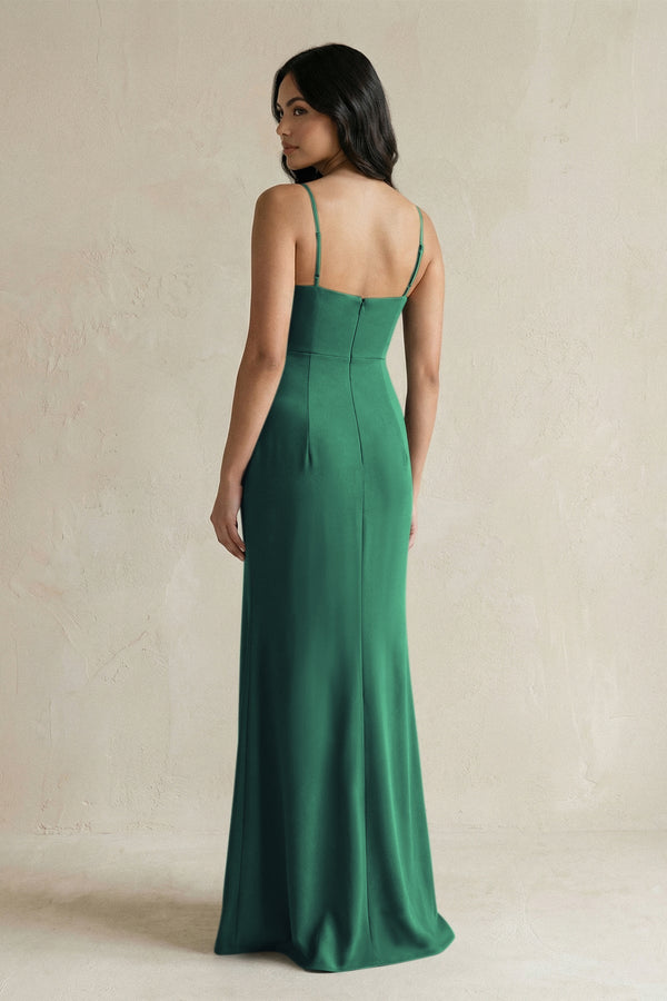 Spaghetti Straps Sheath Stain Bridesmaid Dress With Slit in Dark Green - KISS BRIDAL Bridesmaid Dresses