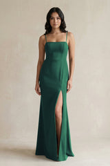 Spaghetti Straps Sheath Stain Bridesmaid Dress With Slit in Dark Green - KISS BRIDAL Bridesmaid Dresses