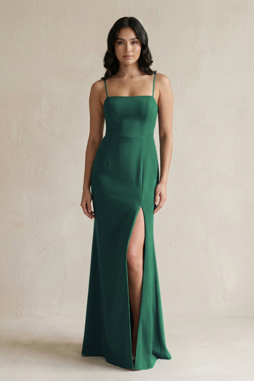 Spaghetti Straps Sheath Stain Bridesmaid Dress With Slit in Dark Green - KISS BRIDAL Bridesmaid Dresses