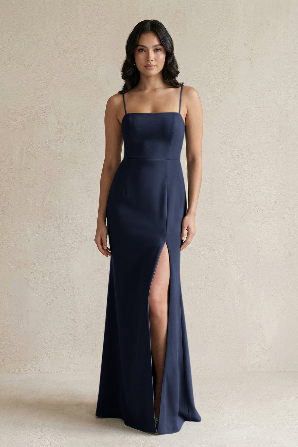 Spaghetti Straps Sheath Stain Bridesmaid Dress With Slit in Dark Navy - KISS BRIDAL Bridesmaid Dresses