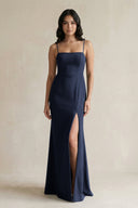 Spaghetti Straps Sheath Stain Bridesmaid Dress With Slit in Dark Navy - KISS BRIDAL Bridesmaid Dresses