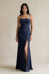 Spaghetti Straps Sheath Stain Bridesmaid Dress With Slit in Dark Navy - KISS BRIDAL Bridesmaid Dresses