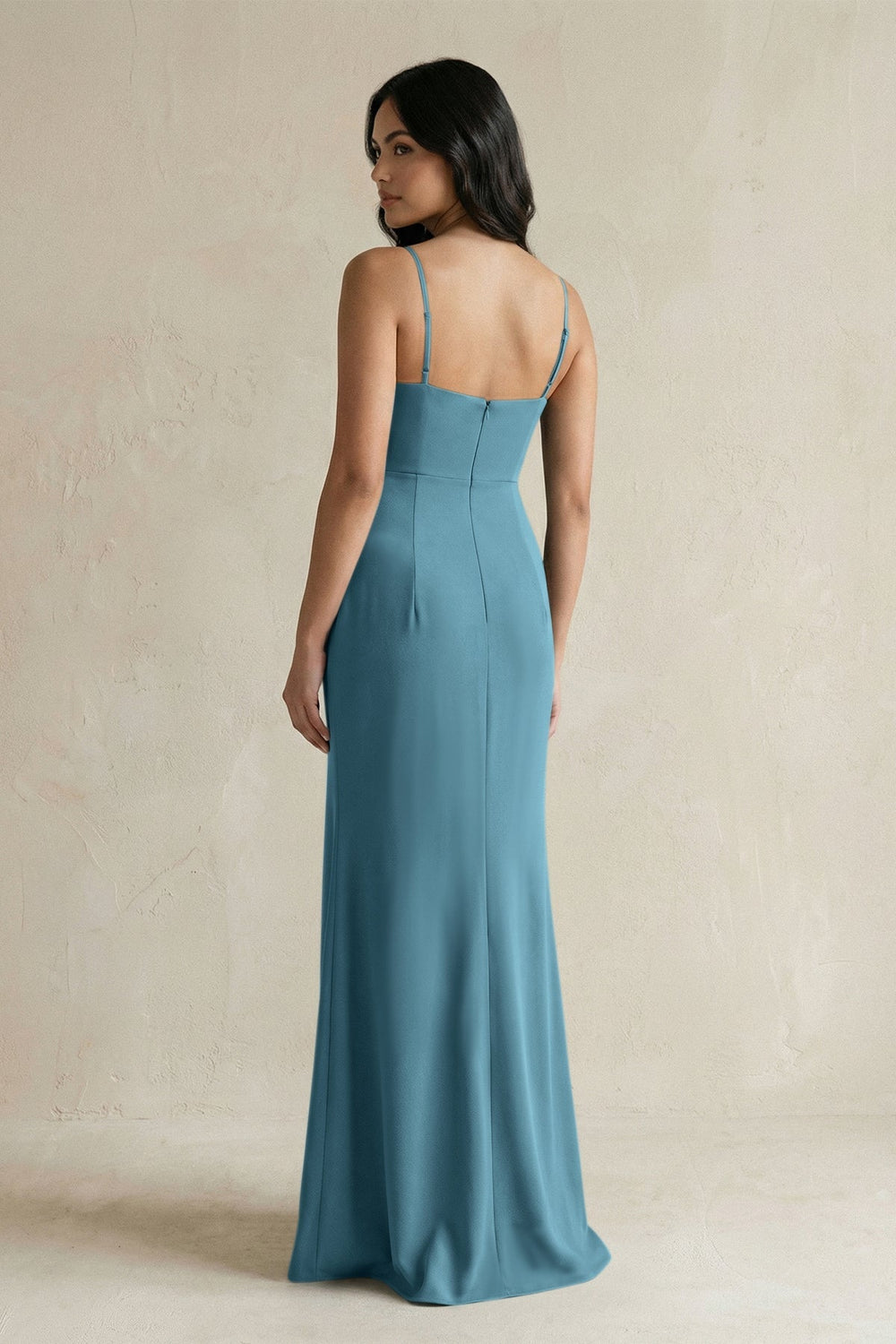 Spaghetti Straps Sheath Stain Bridesmaid Dress With Slit in Dark Teal - KISS BRIDAL Bridesmaid Dresses