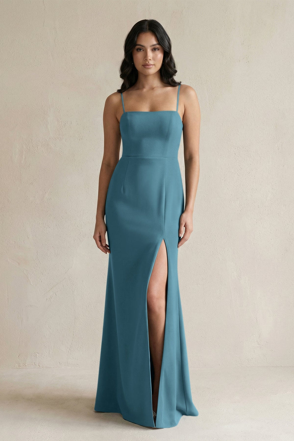 Spaghetti Straps Sheath Stain Bridesmaid Dress With Slit in Dark Teal - KISS BRIDAL Bridesmaid Dresses