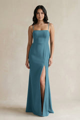 Spaghetti Straps Sheath Stain Bridesmaid Dress With Slit in Dark Teal - KISS BRIDAL Bridesmaid Dresses