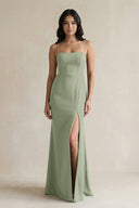 Spaghetti Straps Sheath Stain Bridesmaid Dress With Slit in Dove Gray - KISS BRIDAL Bridesmaid Dresses