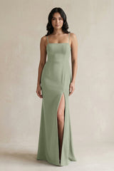 Spaghetti Straps Sheath Stain Bridesmaid Dress With Slit in Dove Gray - KISS BRIDAL Bridesmaid Dresses