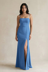 Spaghetti Straps Sheath Stain Bridesmaid Dress With Slit in Dusty Blue - KISS BRIDAL Bridesmaid Dresses