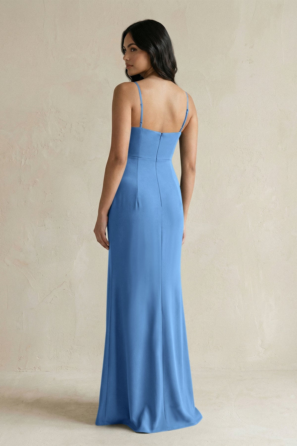 Spaghetti Straps Sheath Stain Bridesmaid Dress With Slit in Dusty Blue - KISS BRIDAL Bridesmaid Dresses
