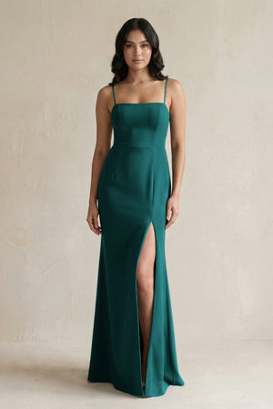 Spaghetti Straps Sheath Stain Bridesmaid Dress With Slit in Emerald - KISS BRIDAL Bridesmaid Dresses