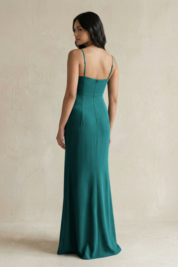 Spaghetti Straps Sheath Stain Bridesmaid Dress With Slit in Emerald - KISS BRIDAL Bridesmaid Dresses