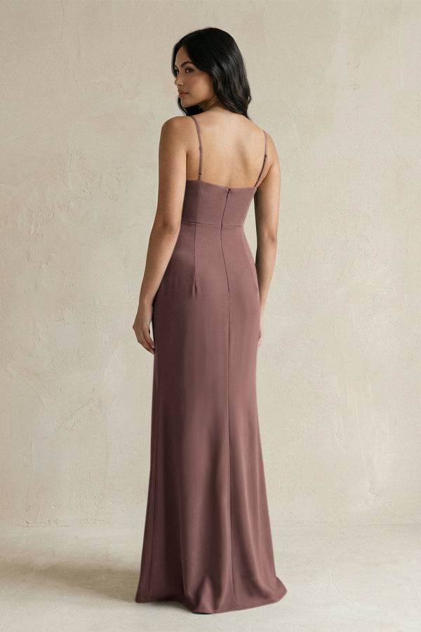Spaghetti Straps Sheath Stain Bridesmaid Dress With Slit in Espresso - KISS BRIDAL Bridesmaid Dresses