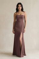 Spaghetti Straps Sheath Stain Bridesmaid Dress With Slit in Espresso - KISS BRIDAL Bridesmaid Dresses