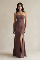 Spaghetti Straps Sheath Stain Bridesmaid Dress With Slit in Espresso - KISS BRIDAL Bridesmaid Dresses