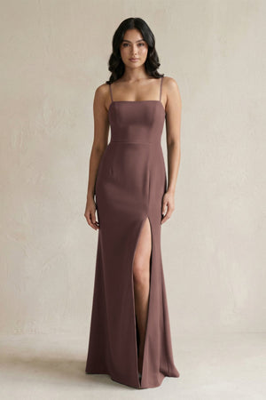 Spaghetti Straps Sheath Stain Bridesmaid Dress With Slit in Espresso - KISS BRIDAL Bridesmaid Dresses
