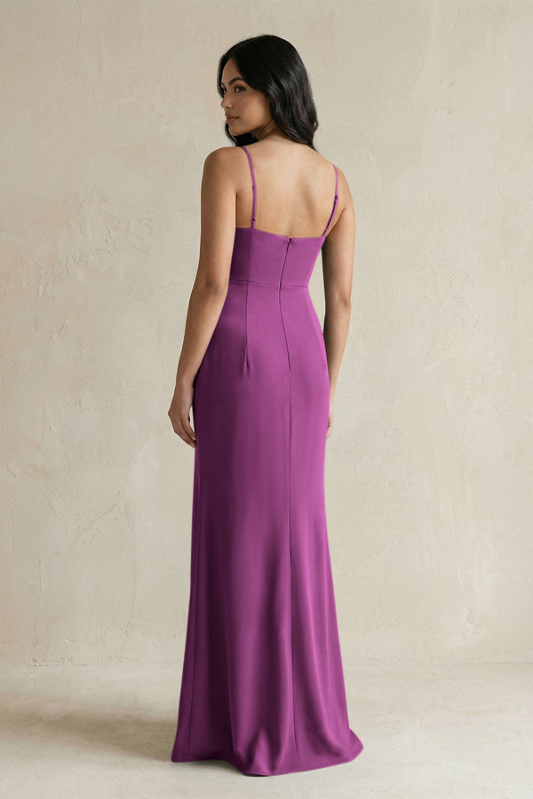 Spaghetti Straps Sheath Stain Bridesmaid Dress With Slit in Fig - KISS BRIDAL Bridesmaid Dresses