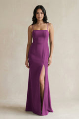 Spaghetti Straps Sheath Stain Bridesmaid Dress With Slit in Fig - KISS BRIDAL Bridesmaid Dresses