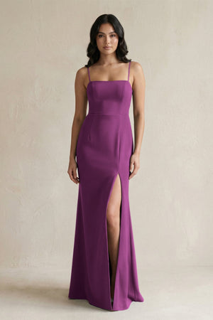 Spaghetti Straps Sheath Stain Bridesmaid Dress With Slit in Fig - KISS BRIDAL Bridesmaid Dresses