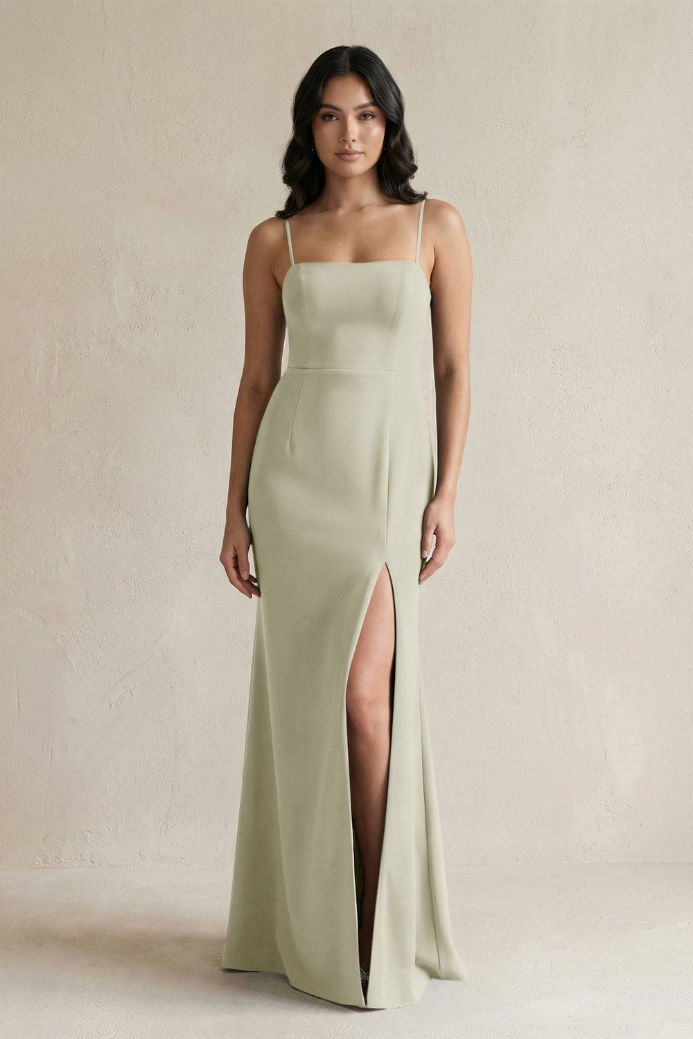 Spaghetti Straps Sheath Stain Bridesmaid Dress With Slit in Frost - KISS BRIDAL Bridesmaid Dresses